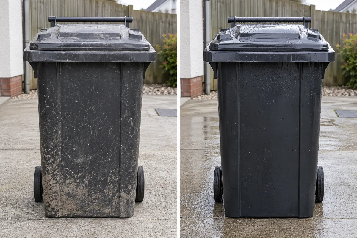 Illustrative comparison of a charcoal wheelie bin with muddy marks before cleaning and rinsed clean afterward.