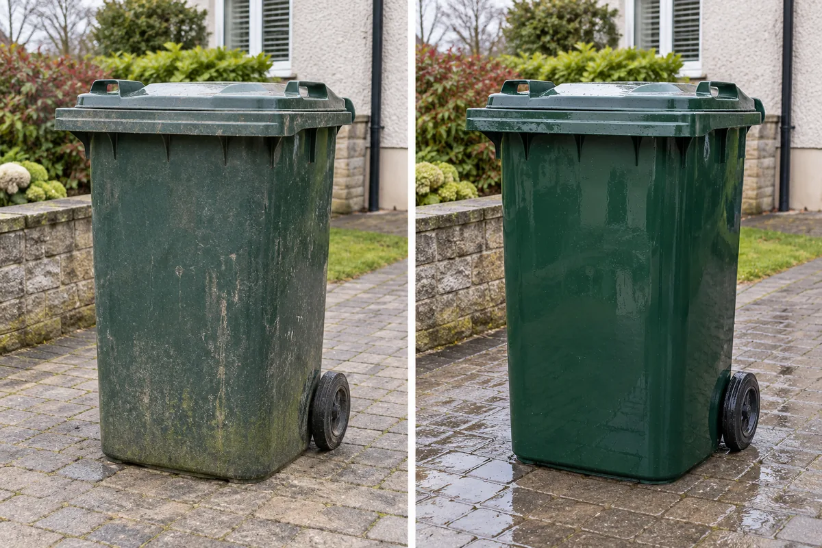 Illustrative comparison of a green wheelie bin with grime before cleaning and rinsed clean afterward.
