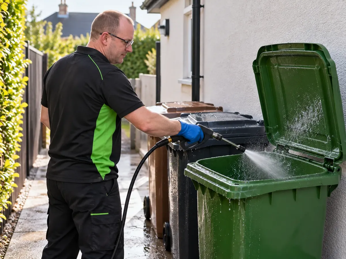 A cleaner rinsing the inside of an open wheelie bin