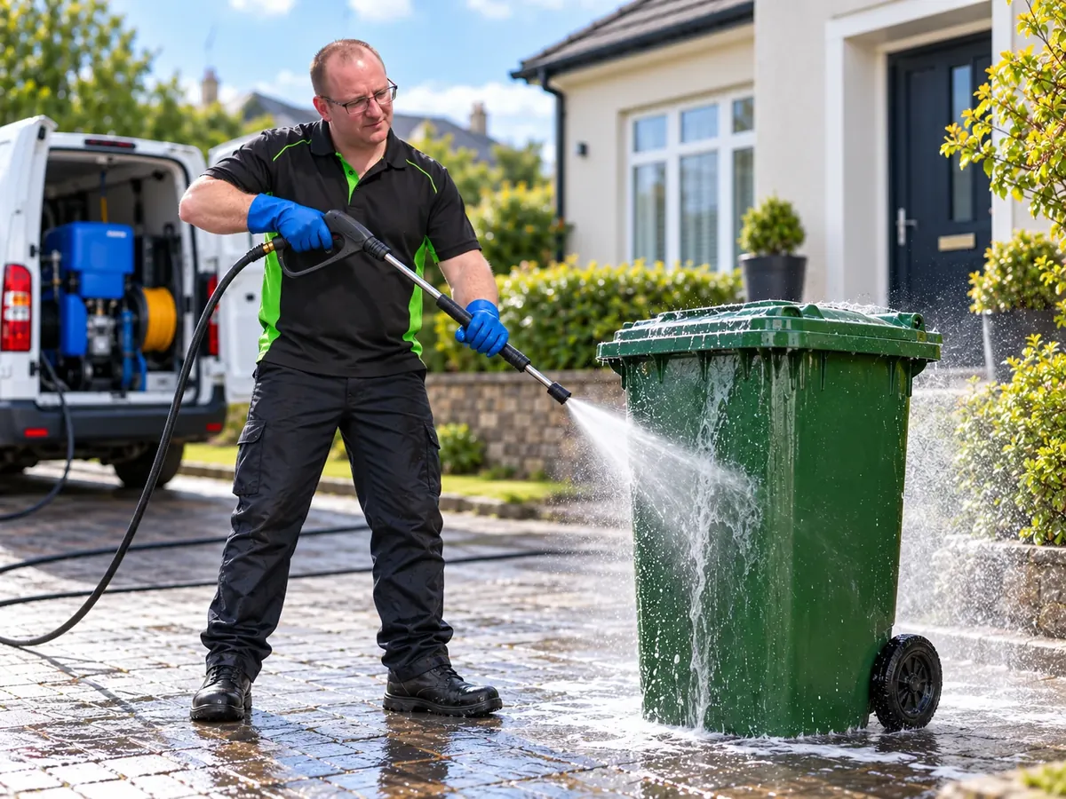 A wheelie bin being cleaned outside a home