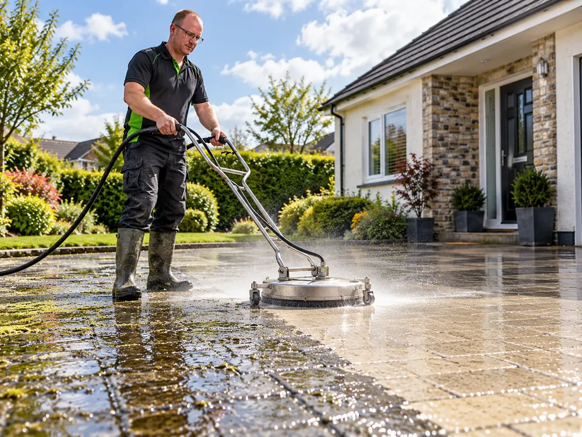 A residential driveway being pressure washed
