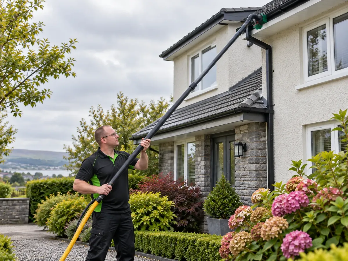 A cleaner reaching a home's gutters with a water-fed pole