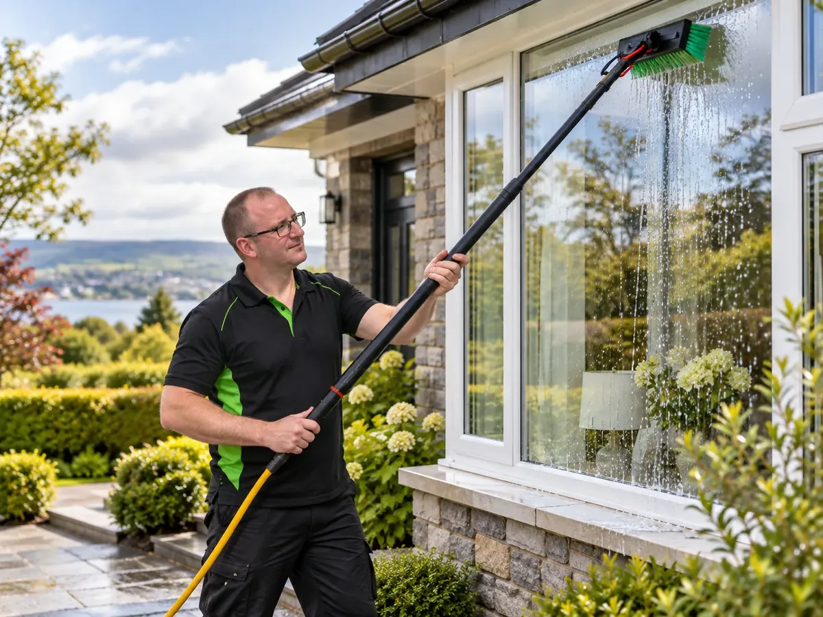 A cleaner using a water-fed pole to wash exterior windows